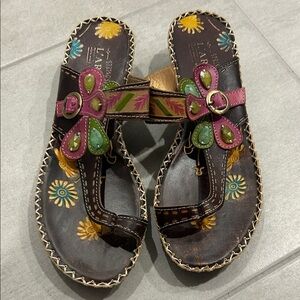 Leather Slide Sandals with Floral Accents